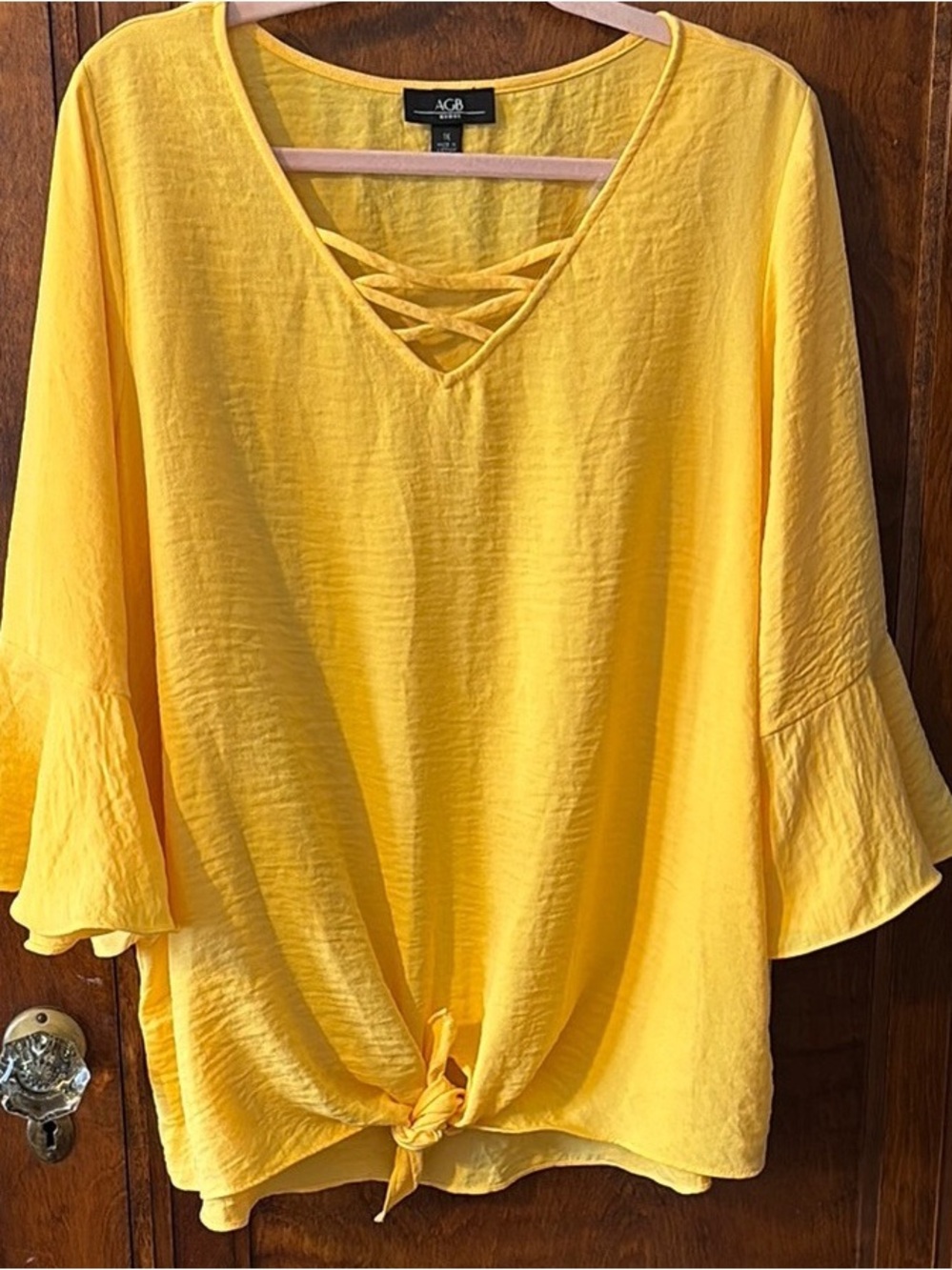 AGB Bright Yellow Crisscross V-Neck Tie-Front Tunic